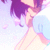 Pixelated image of a figure with purple hair and light blue clothing against a pastel gradient background.