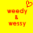 Yellow background with red pixelated text 'weedy & wessy' and a heart symbol above the left instance of the text.