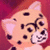 Pixelated cartoon cat face with light pink fur, dark brown spots, and a white muzzle against a red background.