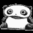 Black-and-white cartoon panda with large round eyes and a small mouth, seated in a of four