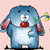 Pixelated blue creature with red cheeks and mouth holds green stem with yellow flower, standing on black base against light pink background.