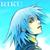 Pixelated anime-style character with light blue hair and green eyes against a gradient blue background, wearing a dark blue outfit with a yellow accent.