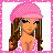 Pixel art buddy icon featuring a cartoon woman with long brown hair wearing a pink beret and white earrings, next to bold text reading "i love PINK!" on a gradient pink background.