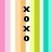 Vertical column of four black X and O symbols on a striped background with pink, white, orange, yellow, green, and cyan stripes.