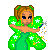 Pixel art of a character with brown hair in pigtails wearing green star-patterned wings and dress, standing against white background with text "TinkerBell" below.