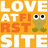 Pixelated orange background with white and red text forming 'LOVE AT FIRST SITE' alongside a green frog-like creature with large eyes.