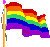 Four pixelated rainbow flags on orange poles with pink tops, arranged in a against white backgrounds