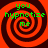 Four identical red and black spiral patterns with green text reading 'you hypnotize me' arranged in a on an orange background