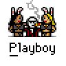 Pixel art contact sheet showing four frames of an animated icon with two bunny-eared figures flanking a central character, each frame displaying subtle animation changes in smoke and pose.