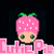 Pixelated character with pink strawberry-shaped head, green leafy top, white dots, large green eyes, and pink text reading "CutiePie" below.