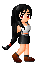 Pixel art character with long black hair, red lips, and brown shoes walks while holding a brown object, with one frame showing a small white spark above the head.