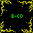 A black background with four green 'E-CO' text labels and yellow pixelated lightning-like shapes forming a symmetrical pattern.