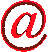 Red @ symbol icons in various 3D rotations and perspectives displayed on a gray background.