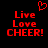 Red pixelated text 'Live Love CHEER!' with a red heart symbol above on black background.