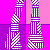 Pixel art of a woman with brown curly hair wearing a purple one-shoulder top, white hoop earrings, and a white necklace with a bow symbol, set against a pink and purple checkered background.