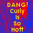 Yellow pixelated text on a blue-red gradient background reads "DANG! Curly is So Hott" with one version showing grayed-out lower-right corner.