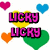 Pixelated icon with text "LUCKY LUCKY" in pink, surrounded by colored hearts on white background.