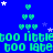 Blue background with green text repeating 'too little too late' and pixelated heart and star symbols scattered throughout.