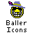Pixel art icon of a yellow and black spherical object with grid-like patterns, wearing a purple hat with green band and pink feather, below text reading 'Baller Icons' on gray background.