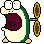 Pixelated cartoon character with wide eyes and open mouth holding a golden propeller-like object in three sequential poses.