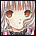 Pixelated anime-style character with light brown hair and orange eyes, wearing a white top with pink accents; adjacent shows stylized black text on white background