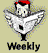 A cartoon character with red hair and a black mustache reads a newspaper, with 'Weekly' text below, on a beige background.