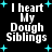 Black background with white pixelated text reading 'I heart My Dough Siblings' surrounded by cyan plus signs in four identical quadrants.