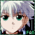 Pixelated anime-style character with light purple hair and green eyes, wearing a blue top, displayed in two side-by-side frames showing slight facial expression differences.