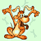 Pixelated cartoon dog with orange-brown fur, white chest, and long floppy ears in two poses against light green background with faint bone shapes.