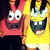 Two pixelated cartoon characters with exaggerated expressions, one red with white eyes and a dark mouth, the other yellow with a black mask and green eyes, both against a dark background.