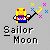 Pixel art of a character with yellow hair and red eyes holding a black staff emitting colored sparkles, below text reading "Sailor Moon" on gray background.