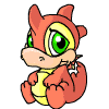 A red cartoon dragon with green eyes and yellow underbelly sits in a , holding a white bone-shaped object while tears appear on its face