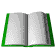 Animated sequence of an open book with green spine, pages flipping through various states from fully open to folded and closed.