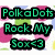 Pixelated green text on black blocks reads "PolkaDots Rock My Sox<3" over a blurred pink and white background.