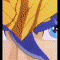 Pixelated anime character with blue hair and golden armor, shown in a of