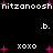 Pixelated text and symbols on a black background with pink starbursts, featuring repeated 'nitzanoosh' and 'xoxo' text elements.