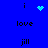 Blue background with black text 'i', 'love', 'jill' arranged vertically, and two distinct blue pixelated animations above 'i' and 'jill'.