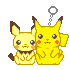 Four pixelated Pikachu pairs in a , each with a small white tag above their heads, showing different expressions and poses against a gray background