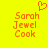 Yellow background with orange pixelated text 'Sarah Jewel Cook' and a heart symbol above the name on both sides.