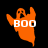 Pixelated orange ghost with raised arms and 'BOO' text, transitioning to brownish-orange then dark brown across frames.