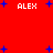 Red background with scattered blue plus signs and four instances of the text 'ALEX' in white pixelated font.