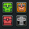 Four pixel-art icons arranged in a 2x2 grid, each with distinct facial expressions and color schemes within metallic frames.