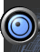 A circular blue icon with a black center rotates through four distinct phases within a metallic silver border.