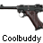 Pixelated static image of a handgun with brown grip and dark metal barrel, positioned horizontally against white background, below which is pixelated text reading "Coolbuddy" in black.