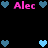 Pixelated icon with pink 'Alec' text and blue hearts on black background, showing animation of heart positions changing across frames.