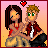 Pixel art buddy icon showing two cartoon characters embracing under a red heart symbol on a gradient background.
