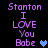 Pixelated purple text on black background reads 'Stanton I LOVE You Babe' with a blue heart symbol, displayed in two side-by-side showing animation changes