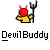 Pixelated static icon of a yellow cartoon figure with red devil horns holding a black trident, below which is the text "DevilBuddy" in blocky pixel font on gray background.