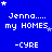 Blue background with white pixelated text reading "Jenna.... my HOMES" and "-CYRE" in a pattern, stars scattered throughout