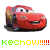 Red race car character with yellow accents and smiling expression, repeated in pattern above multicolored 'KECHOW!!!!!!' text